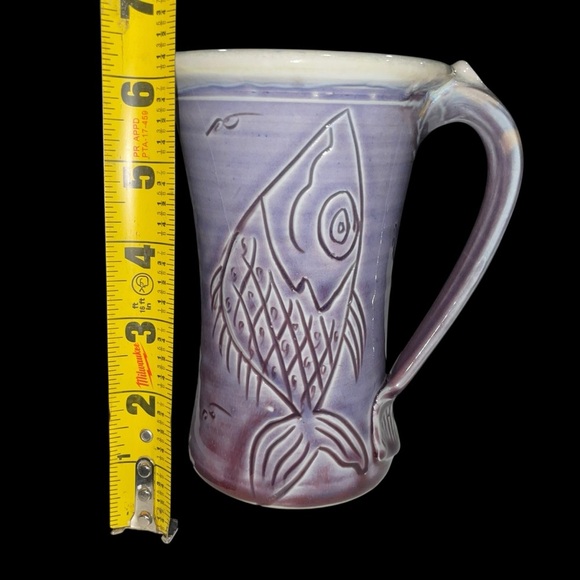 Handmade Purple Pottery Mug with Fish Carving Unique – Signed – 6” Tall 20oz - Picture 10 of 12